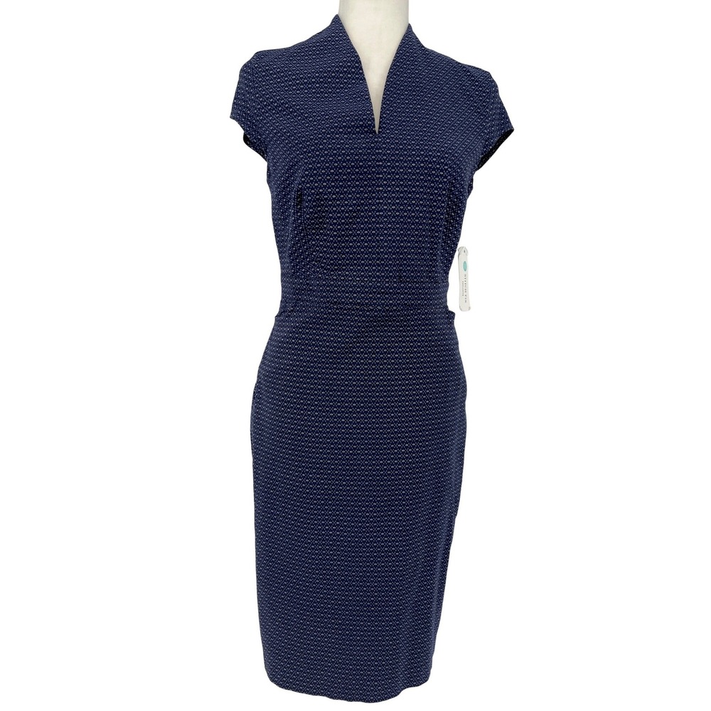 Tribal Navy Blue Geometric Print Cap Sleeve V-Neck Sheath Dress Size Small